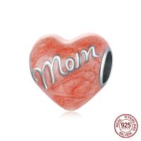 Enamel Sterling Silver European Beads, 925 Sterling Silver, Heart, platinum color plated, Mother Day Jewelry, reddish orange 