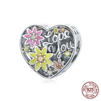 Enamel Sterling Silver European Beads, 925 Sterling Silver, Heart, platinum color plated, micro pave cubic zirconia, multi-colored 