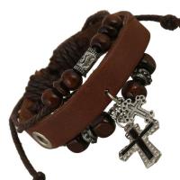 Leatheroid Cord Bracelets, Leather, with Wax Cord & Zinc Alloy, Cross, plated, Adjustable & fashion jewelry & Unisex Approx 17-30 cm 
