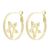 Brass Hoop Earring, Round, gold color plated, fashion jewelry & with star pattern & micro pave cubic zirconia & for woman, golden 