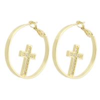 Brass Hoop Earring, Round, gold color plated, fashion jewelry & with cross pattern & DIY & micro pave cubic zirconia & for woman, golden 