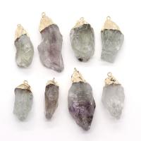 Natural Fluorite Pendant, with Brass, irregular, gold color plated, DIY, mixed colors, 10x30- 