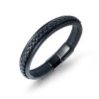 PU Leather Cord Bracelets, with Titanium Steel, Donut, plumbum black color plated, fashion jewelry & for man, black, 11.3mm Approx 20.5 cm 