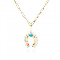 Glass Pearl Brass Chain Necklace, with Glass Pearl, gold color plated, for woman & enamel Approx 17.7 Inch 