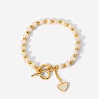 Cultured Freshwater Pearl Bracelets, 304 Stainless Steel, with White Shell & Freshwater Pearl, Heart, 18K gold plated, for woman Approx 7.48 Inch 