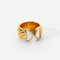 304 Stainless Steel Cuff Finger Ring, with White Shell, 18K gold plated, Adjustable & for woman, 11mm 