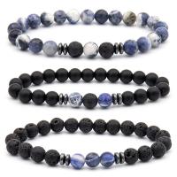 Gemstone Bracelets, Sodalite, with Lava & Black Stone & Zinc Alloy, Round, gun black plated, fashion jewelry & for man, mixed colors, 8mm Approx 19 cm 