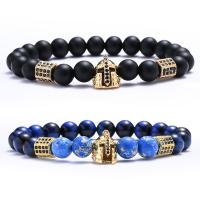 Gemstone Bracelets, Black Stone, with Tiger Eye & Brass, Round, gold color plated, fashion jewelry & micro pave cubic zirconia & for man 8mm Approx 19 cm 