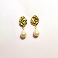 Freshwater Pearl Brass Earring, with Freshwater Pearl, sterling silver post pin, real gold plated, for woman, white, 40mm 