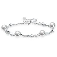 Brass Bracelets, with Plastic Pearl, with 1.57 extender chain, Round, silver color plated, Double Layer & for woman, silver color, 6mm .7 Inch 