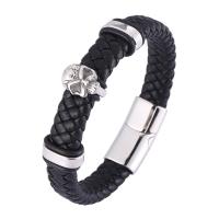 PU Leather Cord Bracelets, Microfiber PU, with 316 Stainless Steel, Skull, fashion jewelry & for man 12mm 