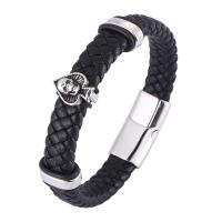PU Leather Cord Bracelets, Microfiber PU, with 316 Stainless Steel, Skull, fashion jewelry & for man & blacken 12mm 