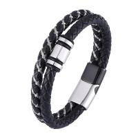 Cowhide Bracelets, Split Layer Cowhide Leather, with 316 Stainless Steel, Vacuum Ion Plating, Double Layer & fashion jewelry black, 12mm 