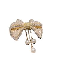 Hair Barrettes, Zinc Alloy, with Plastic Pearl, Bowknot, gold color plated, Korean style & for woman & with rhinestone 