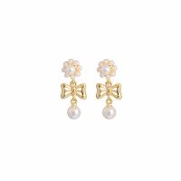 Plastic Pearl Zinc Alloy Earring, with Plastic Pearl, Bowknot, gold color plated, for woman & hollow 