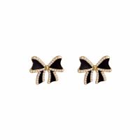 Enamel Zinc Alloy Stud Earring, with Plastic Pearl, Bowknot, gold color plated, for woman 