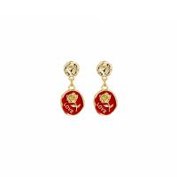 Enamel Zinc Alloy Drop Earring, Flat Round, gold color plated, with flower pattern & for woman 