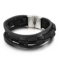 Titanium Steel Bracelet, with cowhide cord, multilayer & for man, black Approx 8.66 Inch 