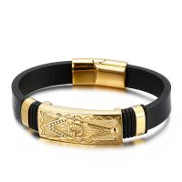 316L Stainless Steel Bracelet, with cowhide cord, gold color plated, for man, black Approx 8.26 Inch 