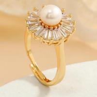 Pearl Brass Finger Ring, with Plastic Pearl, fashion jewelry & for woman & with rhinestone, golden 