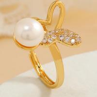 Pearl Brass Finger Ring, with Plastic Pearl, fashion jewelry & for woman & with rhinestone, golden 