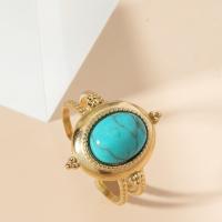 Gemstone Brass Finger Ring, with turquoise, fashion jewelry & for woman, golden, 17mm 
