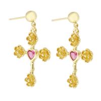 Brass Drop Earring, gold color plated, fashion jewelry & micro pave cubic zirconia & for woman, pink, 33mm 