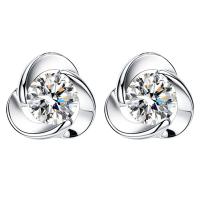 Rhinestone Brass Stud Earring, Three Leaf Clover, silver color plated, for woman & with rhinestone 
