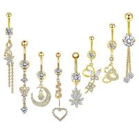 Stainless Steel Belly Ring, 304 Stainless Steel, with Brass, 18K gold plated, 8 pieces & micro pave cubic zirconia, golden 5/8mm 