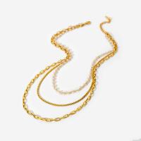 Titanium Steel Jewelry Necklace, with Glass Pearl, gold color plated, multilayer & for woman, 500mm 