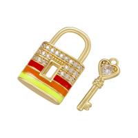 Cubic Zirconia Micro Pave Brass Pendant, Lock and Key, gold color plated, 2 pieces & micro pave cubic zirconia & for woman & enamel 