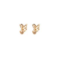 Rhinestone Brass Stud Earring, Butterfly, gold color plated, for woman & with rhinestone & hollow 