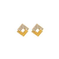 Zinc Alloy Rhinestone Stud Earring, Rhombus, gold color plated, with letter pattern & for woman & with rhinestone & hollow 