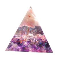 Resin Pyramid Decoration, with Amethyst & Rose Quartz & Brass, Pyramidal, gold color plated, epoxy gel, mixed colors, 80mm 