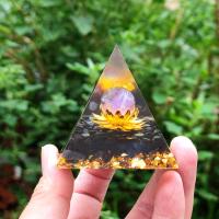 Resin Pyramid Decoration, with Obsidian & Amethyst & Brass, Pyramidal, gold color plated & epoxy gel, mixed colors 