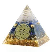Resin Pyramid Decoration, with Gold Foil & Gemstone & Tiger Tail Wire, Pyramidal, gold color plated, for home and office 