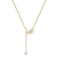 Titanium Steel Jewelry Necklace, with Plastic Pearl, with 8cm extender chain, Flower, high quality gold color plated, fashion jewelry & micro pave cubic zirconia & for woman, golden, 15mm,32mm Approx 38.4 cm 