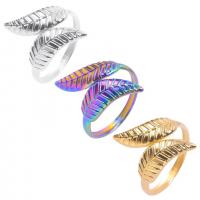 304 Stainless Steel Cuff Finger Ring, Leaf, Vacuum Ion Plating, Adjustable & Unisex US Ring 