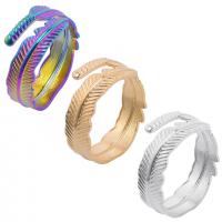 304 Stainless Steel Cuff Finger Ring, Feather, Vacuum Ion Plating, Adjustable & Unisex US Ring 