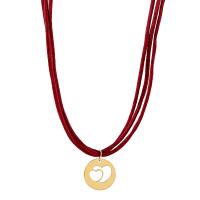 Titanium Steel Jewelry Necklace, Cotton Thread, with Titanium Steel, with 8cm extender chain, Flat Round, gold color plated, Adjustable & fashion jewelry & multilayer, red cm 