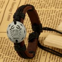 Full Grain Cowhide Leather Bracelet, with Zinc Alloy, with 9-10cm extender chain, 12 Signs of the Zodiac, Carved, Adjustable & fashion jewelry 12mm cm 