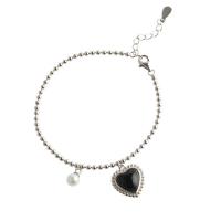 Bracelets en laiton, avec perle de plastique, coeur, Placage de couleur argentée, bijoux de mode & pour femme, argent, 14mm,7mm cm, Vendu par PC