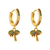 Huggie Hoop Drop Earring, laiton, Palmier, Placage de couleur d'or, pavé de micro zircon & pour femme, multicolore Vendu par paire