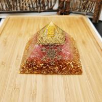 Resin Pyramid Decoration, with Gold Foil & Gemstone & Aluminum, Pyramidal, gold color plated, epoxy gel, pink 