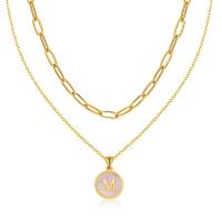 Stainless Steel Jewelry Necklace, 304 Stainless Steel, with Pink Shell, 18K gold plated, Double Layer & with letter pattern & for woman, golden, 2m,16mm Approx 13.78 Inch, Approx 17.72 Inch 