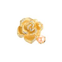 Freshwater Pearl Brooch, Brass, with Freshwater Pearl, Common Camelia, 18K gold plated, micro pave cubic zirconia & for woman, golden 