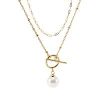 Stainless Steel Jewelry Necklace, 304 Stainless Steel, with Plastic Pearl, with 1.97inch extender chain, 18K gold plated, Double Layer & fashion jewelry & for woman, golden, 12mm Approx 14.96 Inch, Approx 19.69 Inch 