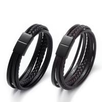 Cowhide Bracelets, with 316L Stainless Steel, vacuum plating black​, fashion jewelry & multilayer 