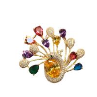 Cubic Zirconia Brooch, Brass, Peacock, gold color plated, micro pave cubic zirconia & for woman, multi-colored 