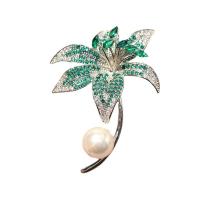 Cubic Zirconia Brooch, Brass, with Plastic Pearl, Lily, plated, micro pave cubic zirconia & for woman 